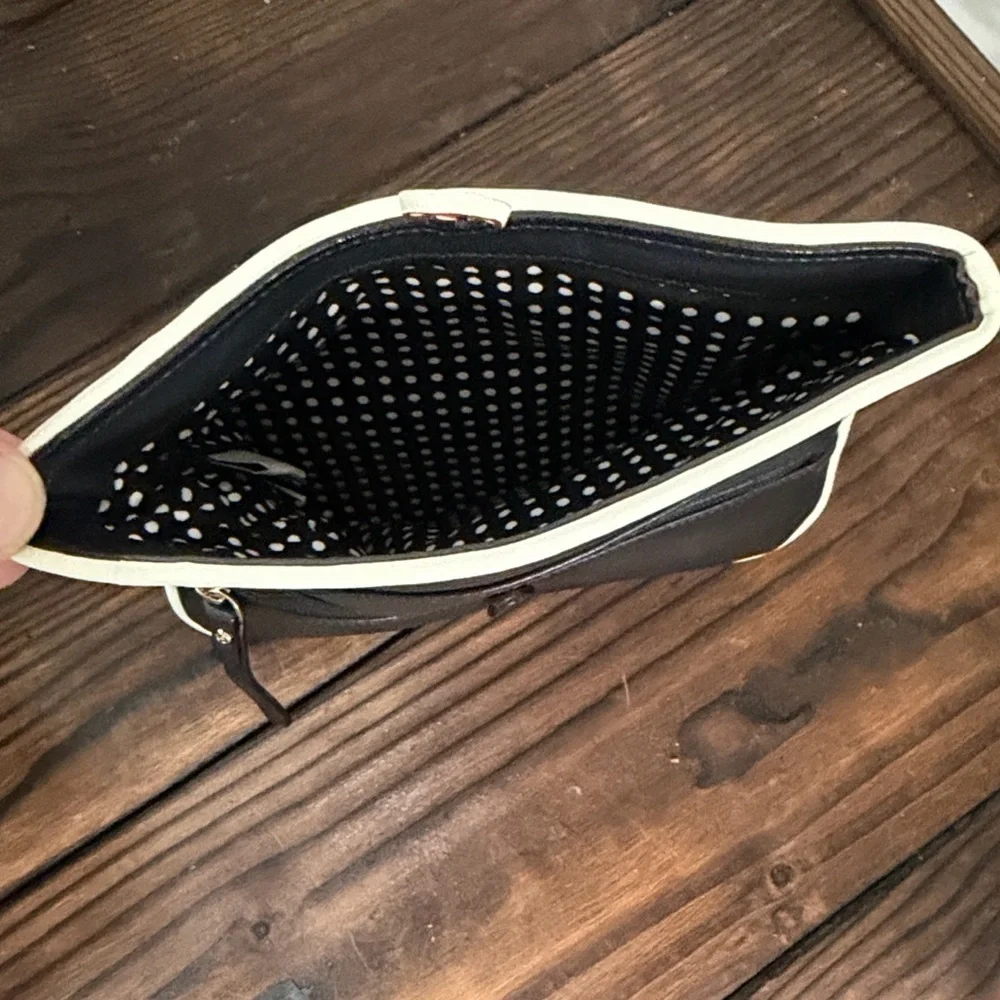 Kate Spade Remi Black and Cream Foldover Clutch Wallet with polka dot interior